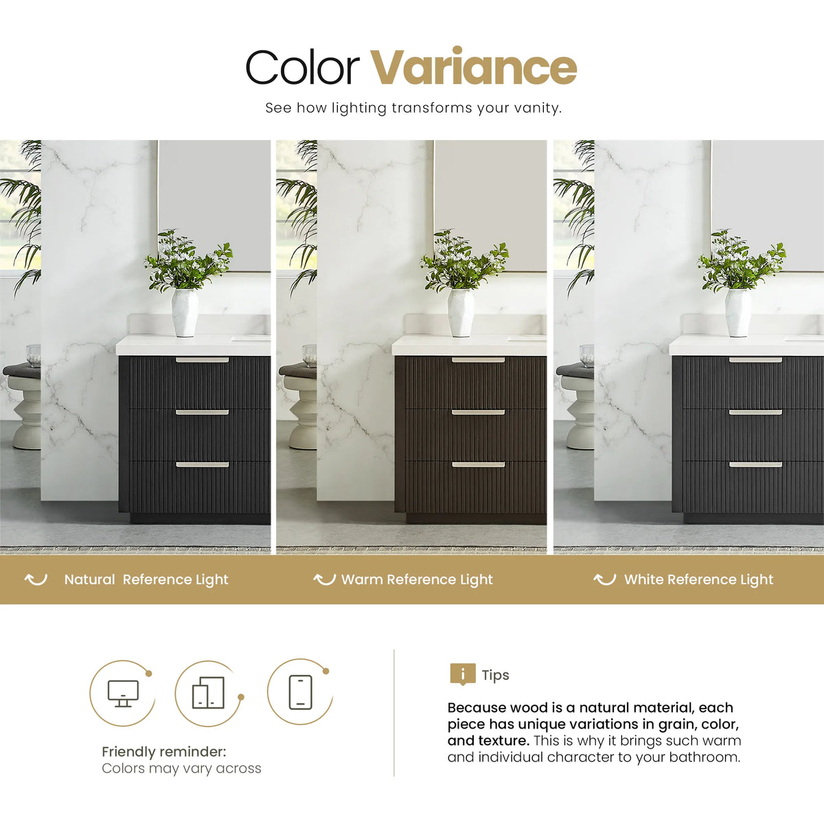Lighting comparison for the Oak Weathered Black finish, three views of the same cabinet, 60 inch double