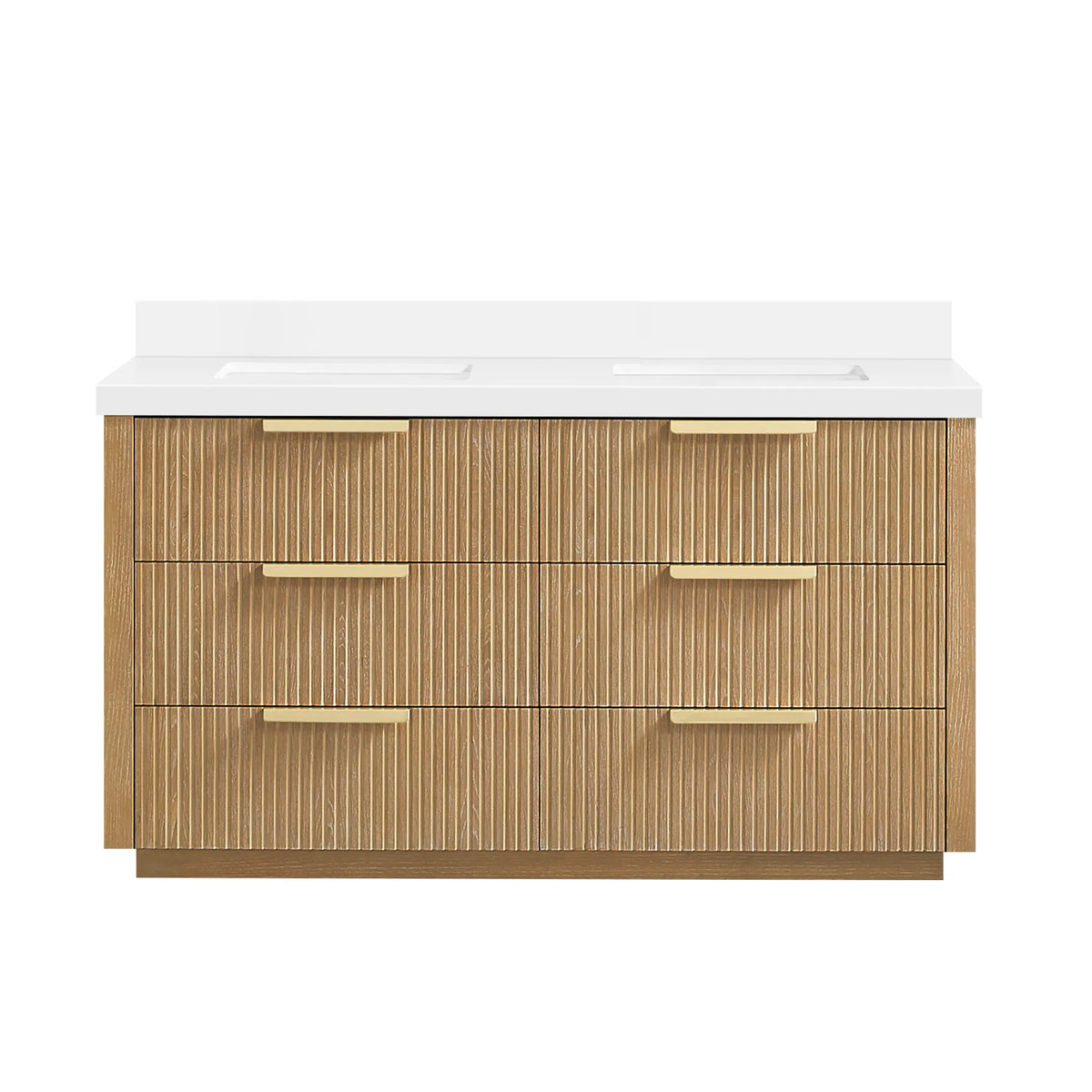 Washed Ash Grey double bathroom vanity, 60 inch, with a pure white quartz countertop and backsplash