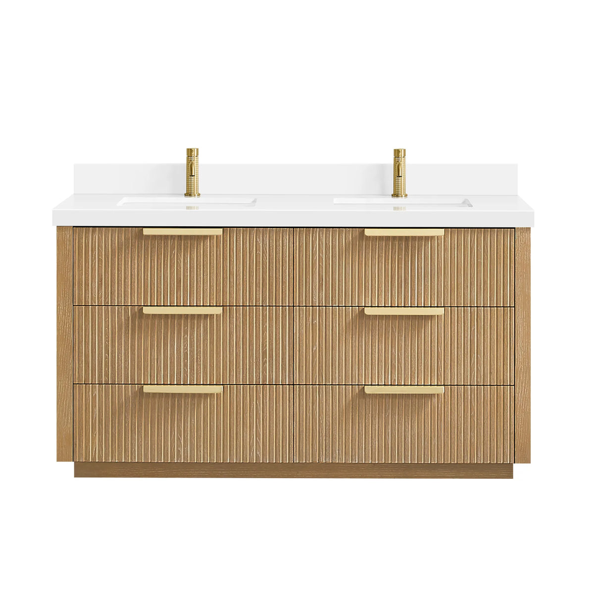 60 inch double vanity in Washed Ash Grey with brushed gold handles, white background, faucet pictured but not included