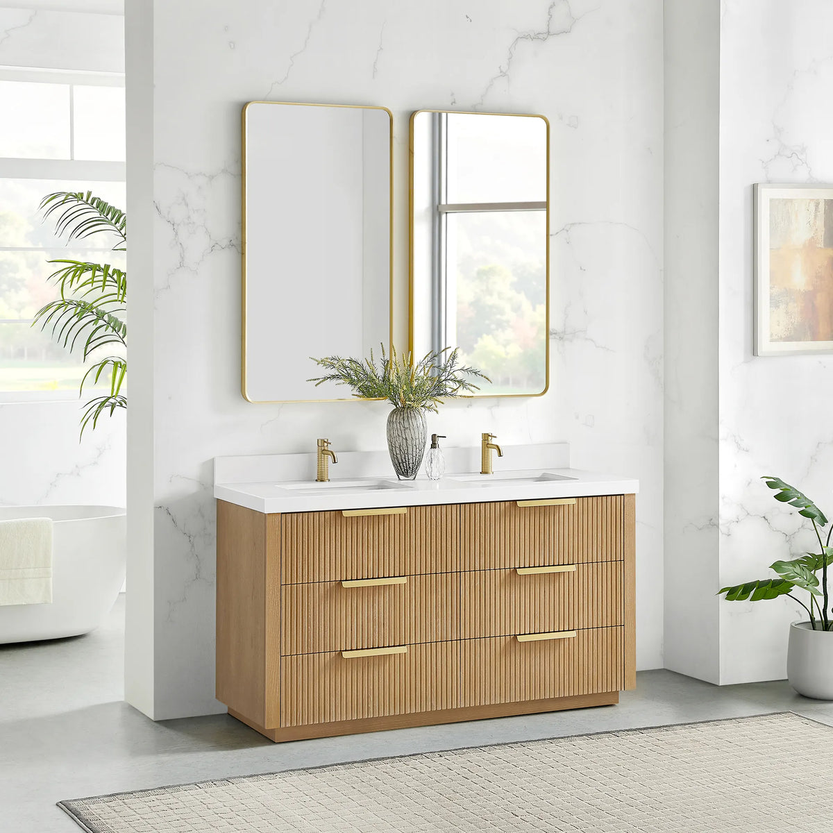 Room view showing the Washed Ash Grey double vanity, 60 inch wide, with its quartz top and mirrors above