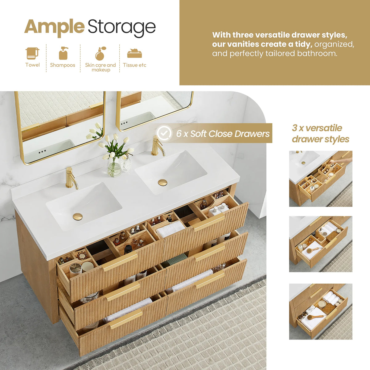 Storage graphic for the Washed Ash Grey vanity, open drawers with compartment inserts, 60 inch double