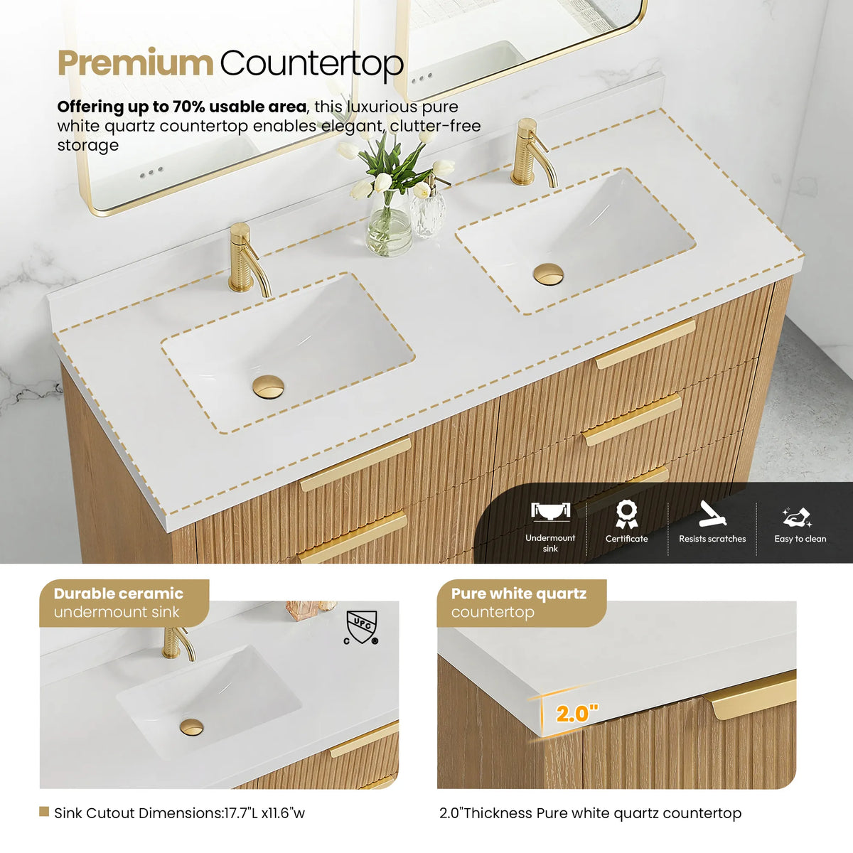 Countertop graphic: pure white quartz with backsplash and ceramic undermount sink on the 60 inch Washed Ash Grey vanity