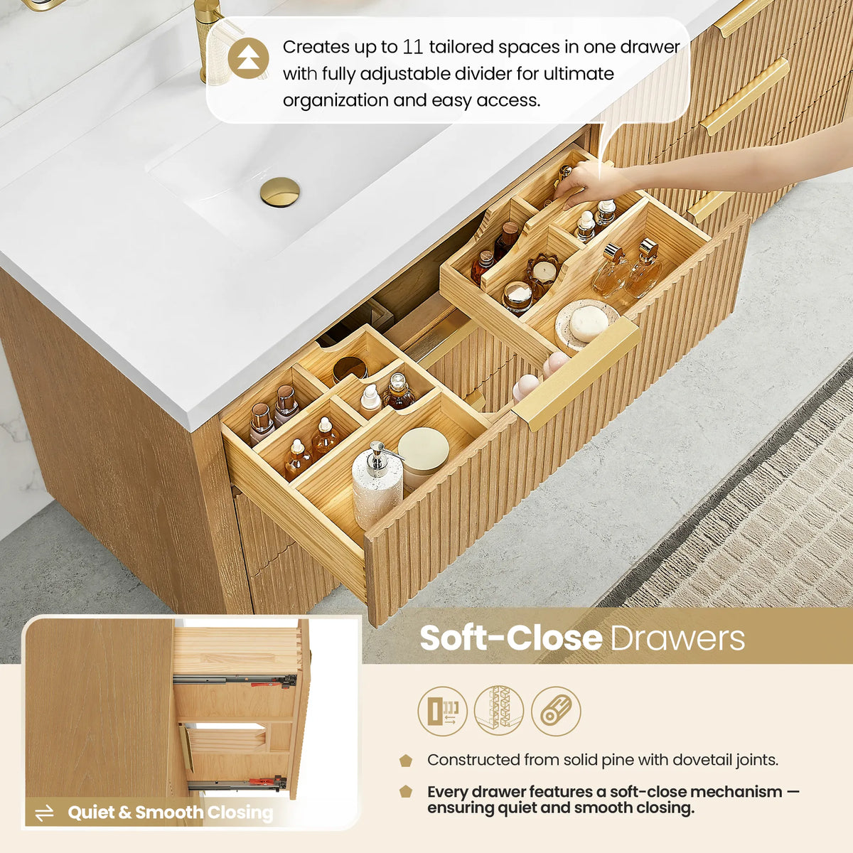 Open drawer with sliding dividers and a hand placing items, 60 inch Washed Ash Grey vanity