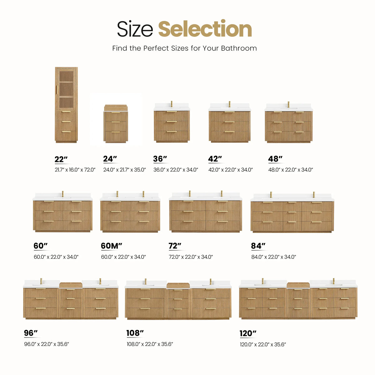 Sizing graphic of every 60 inch Washed Ash Grey vanity and cabinet width in the collection