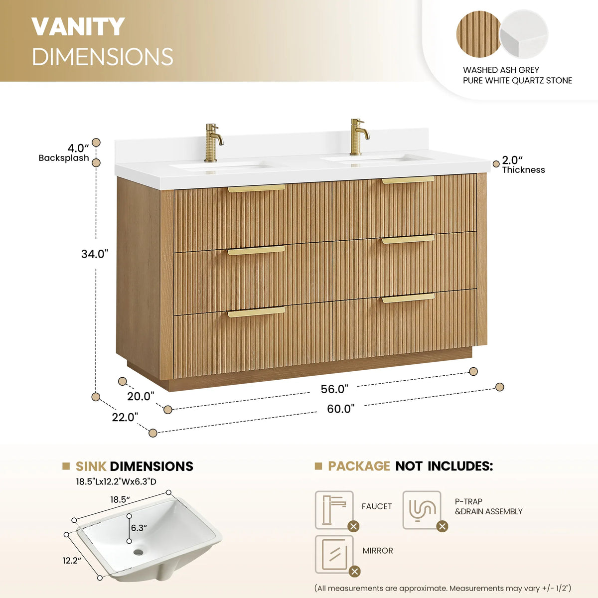 Measurement diagram for the 60 inch Washed Ash Grey double vanity, with sink size and the items not included