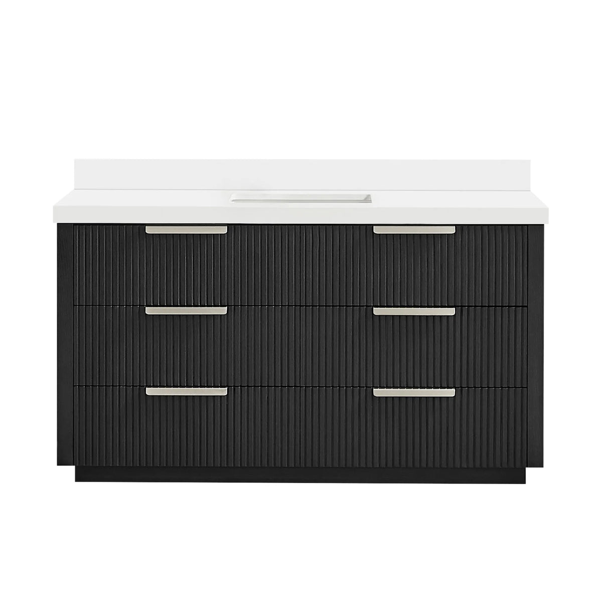 60 inch free-standing Oak Weathered Black bathroom vanity with fluted drawers, shown straight on against white