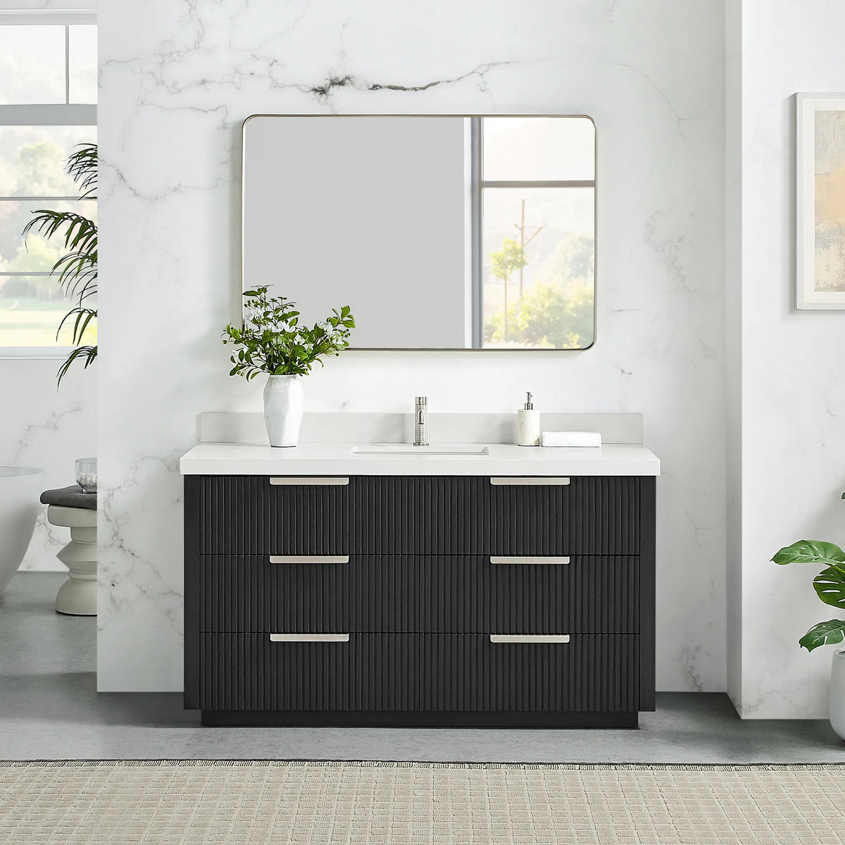 Mirror on the wall above the 60 inch Oak Weathered Black single vanity in a bathroom
