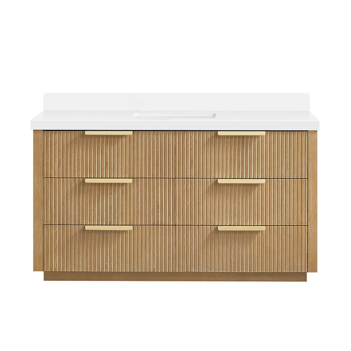 60 inch free-standing Washed Ash Grey bathroom vanity with fluted drawers, shown straight on against white
