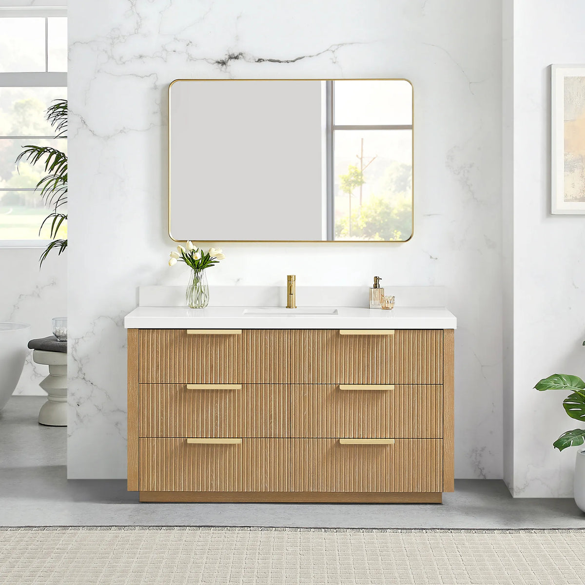 Mirror on the wall above the 60 inch Washed Ash Grey single vanity in a bathroom