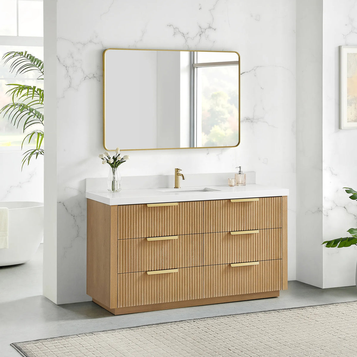 60 inch Washed Ash Grey single vanity in a bathroom scene with natural light and wall mirror