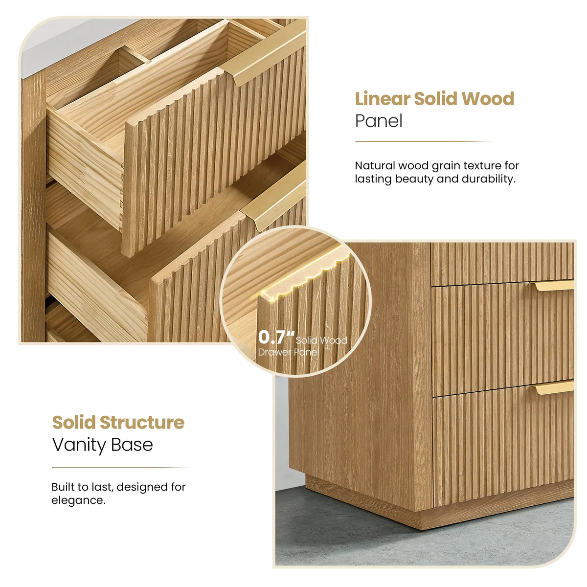 Construction graphic for the 60 inch Washed Ash Grey vanity: solid wood drawer panel and sturdy base