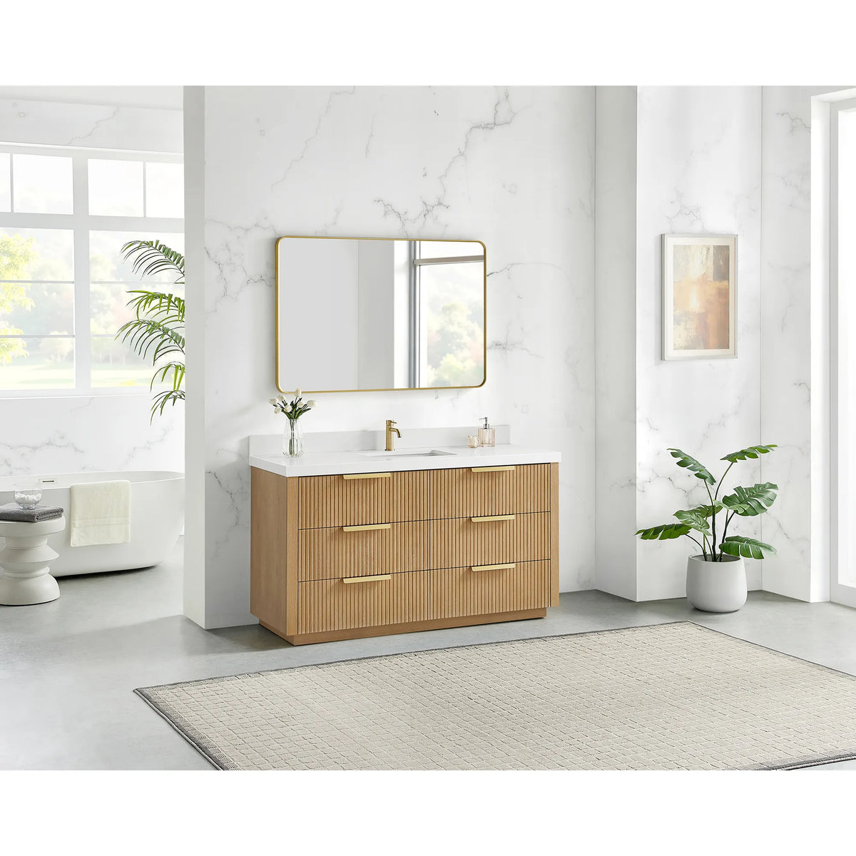 Wide bathroom shot with the Washed Ash Grey single vanity, 60 inch wide, and its quartz top