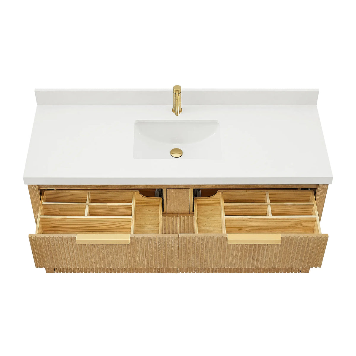 Single vanity in Washed Ash Grey on white, quartz top above a pulled-out drawer with divided compartments, 60 inch single