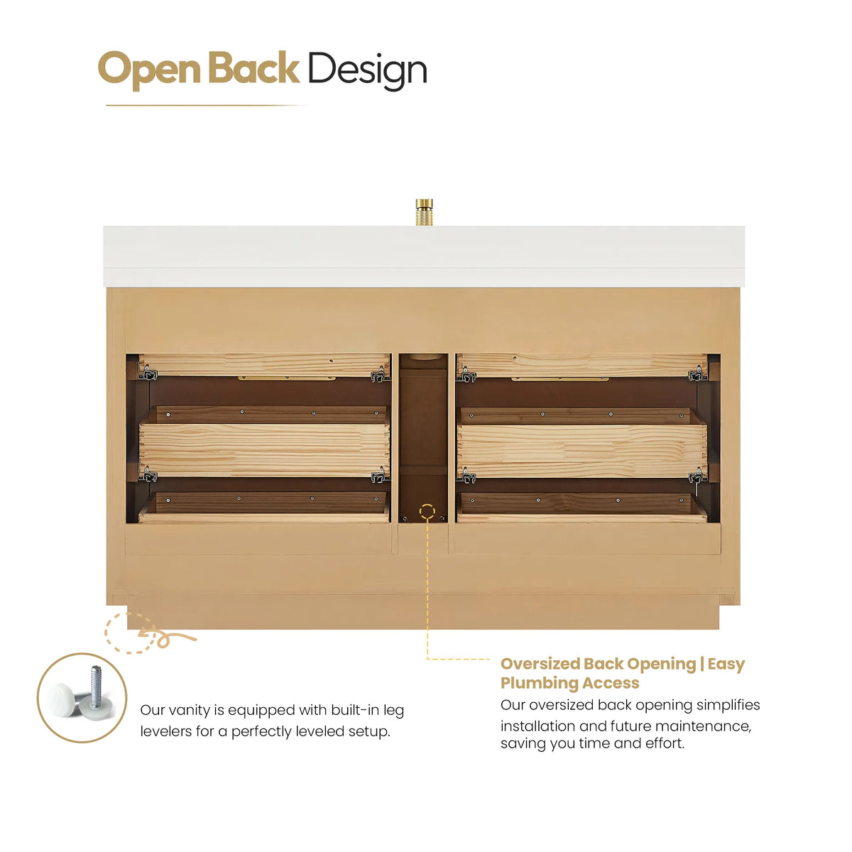 Open back design graphic for the 60 inch Washed Ash Grey single vanity, showing the oversized back opening