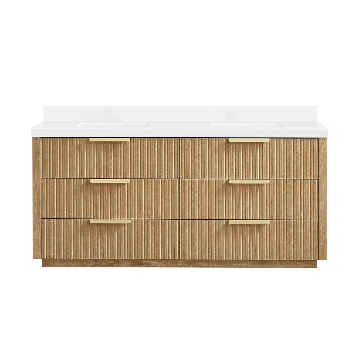 72 inch free-standing Washed Ash Grey bathroom vanity with fluted drawers, shown straight on against white