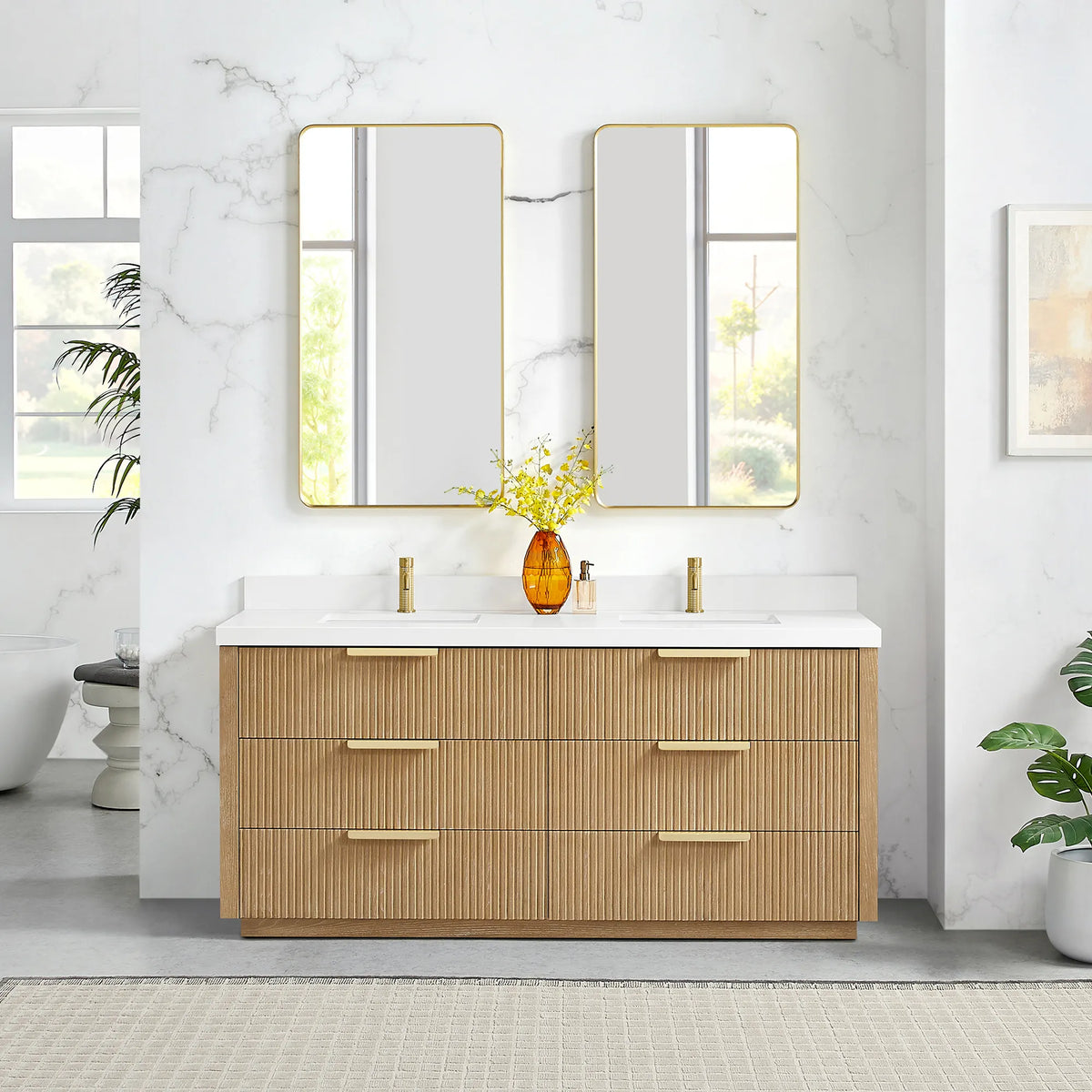 Mirrors on the wall above the 72 inch Washed Ash Grey double vanity in a bathroom