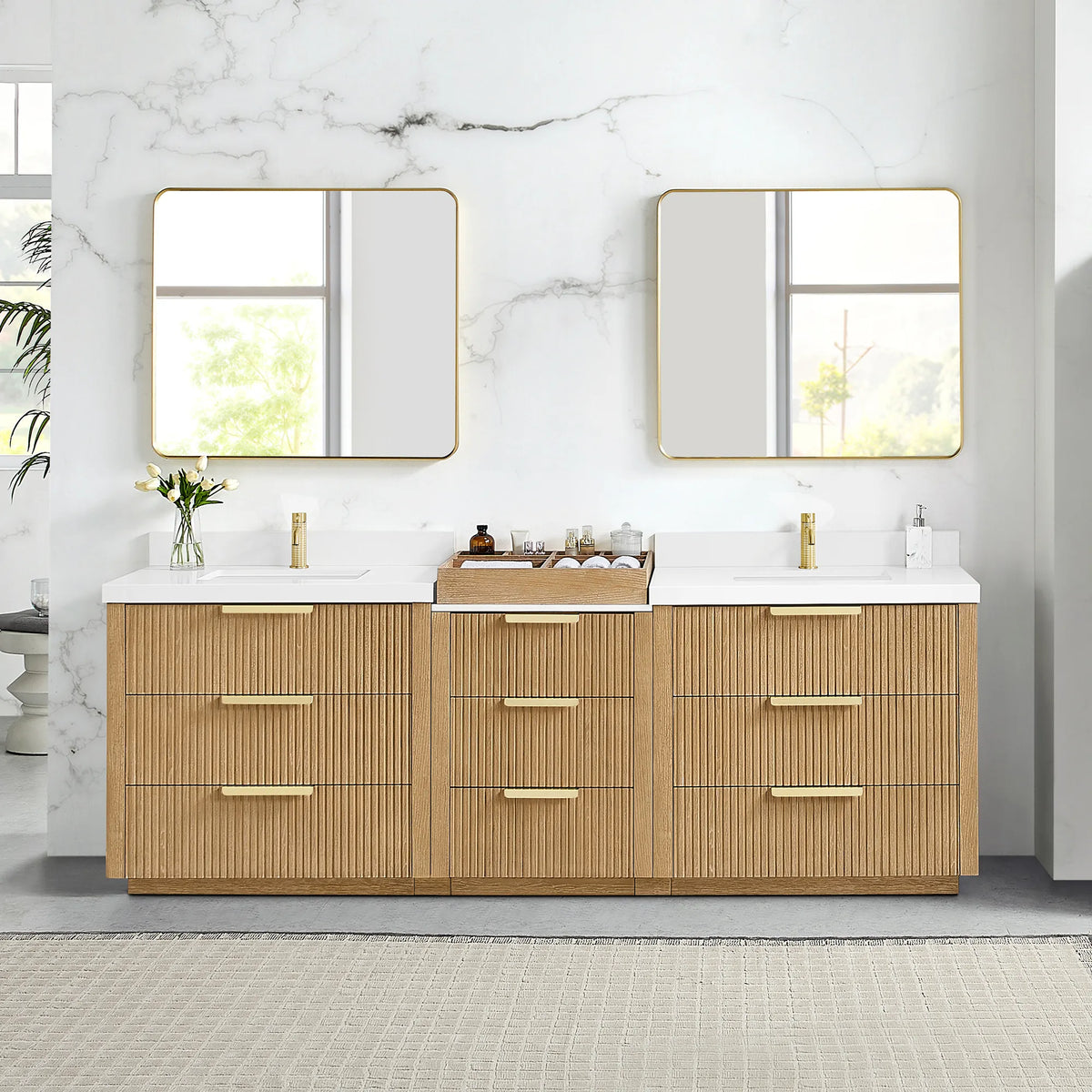 Mirrors on the wall above the 96 inch Washed Ash Grey double vanity in a bathroom
