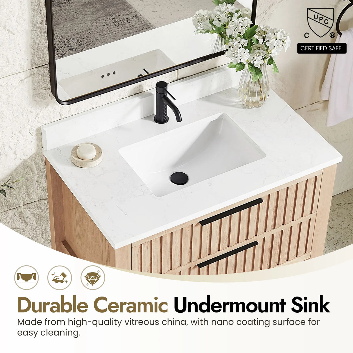 Feature panel on the undermount basin of the 36-inch Aged Natural Oak vanity and how its surface wipes clean