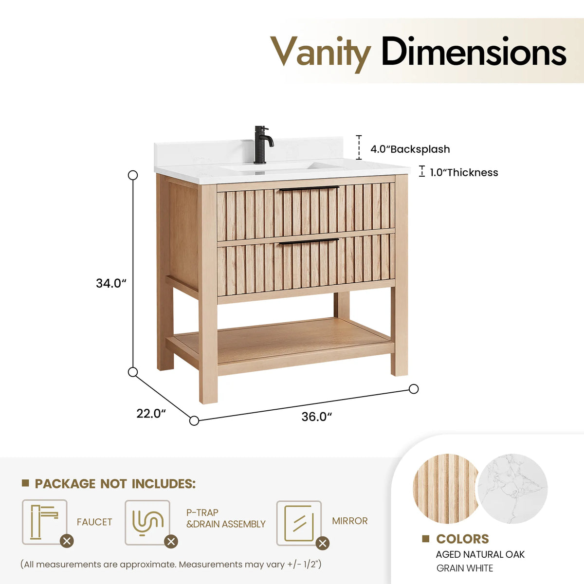 Size diagram for the 36-inch Aged Natural Oak cabinet: 36 by 22 by 34 inches (plumbing parts and mirror not included)