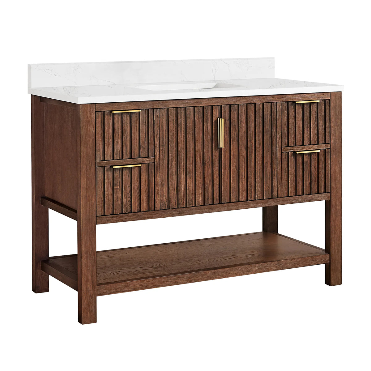 Studio view of an Aged Dark Brown Oak single bathroom vanity, 48-inch wide, with a white composite stone countertop