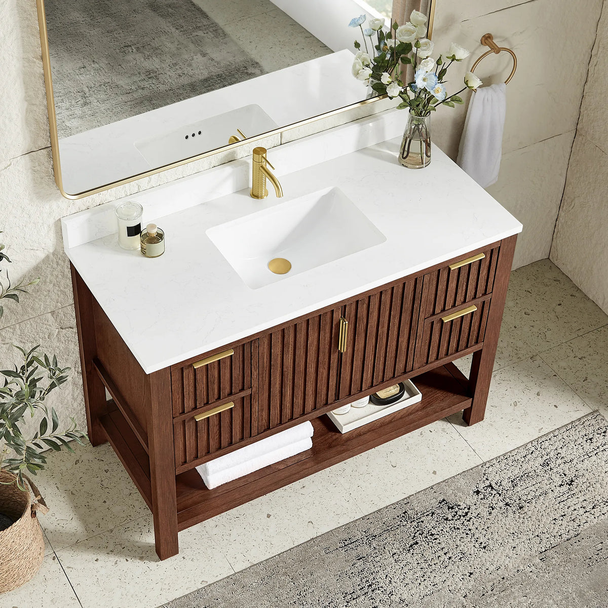 Countertop close view of a 48-inch Aged Dark Brown Oak vanity with a stone-composite top and ceramic undermount basin
