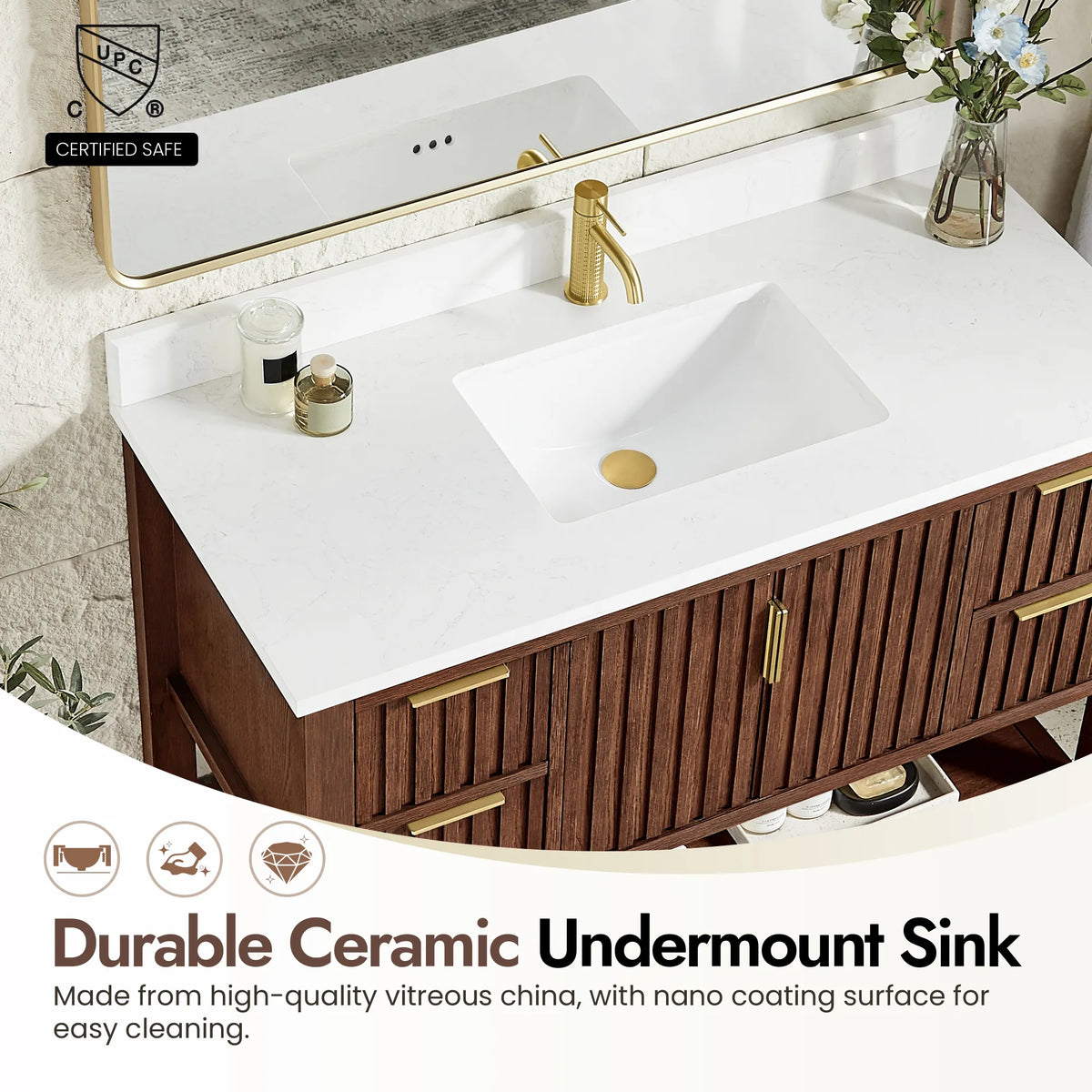 Ceramic basin with an easy-clean nano coating on the 48-inch Aged Dark Brown Oak cabinet