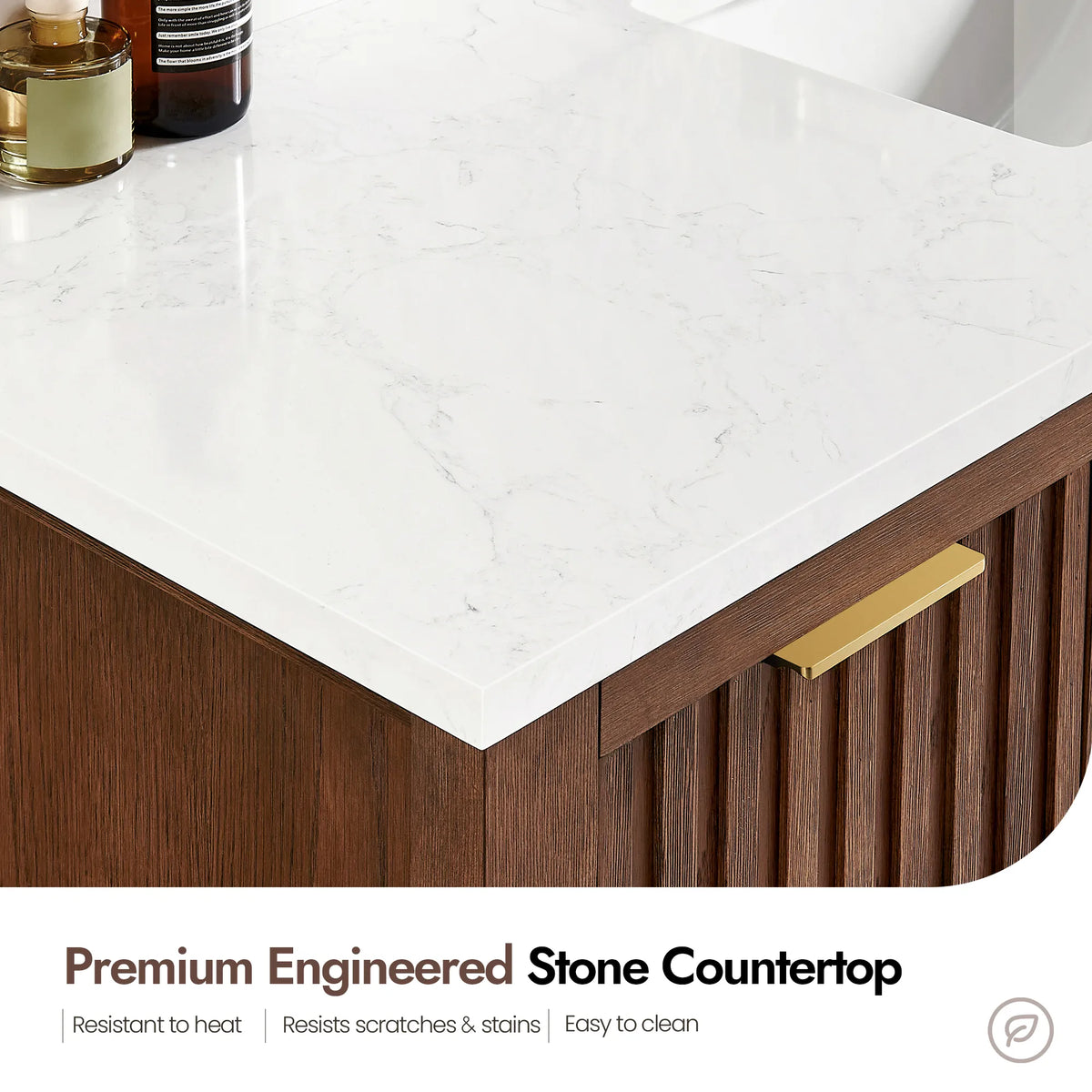 Close view of the white stone countertop edge on a 48-inch Aged Dark Brown Oak cabinet, with surface-care notes