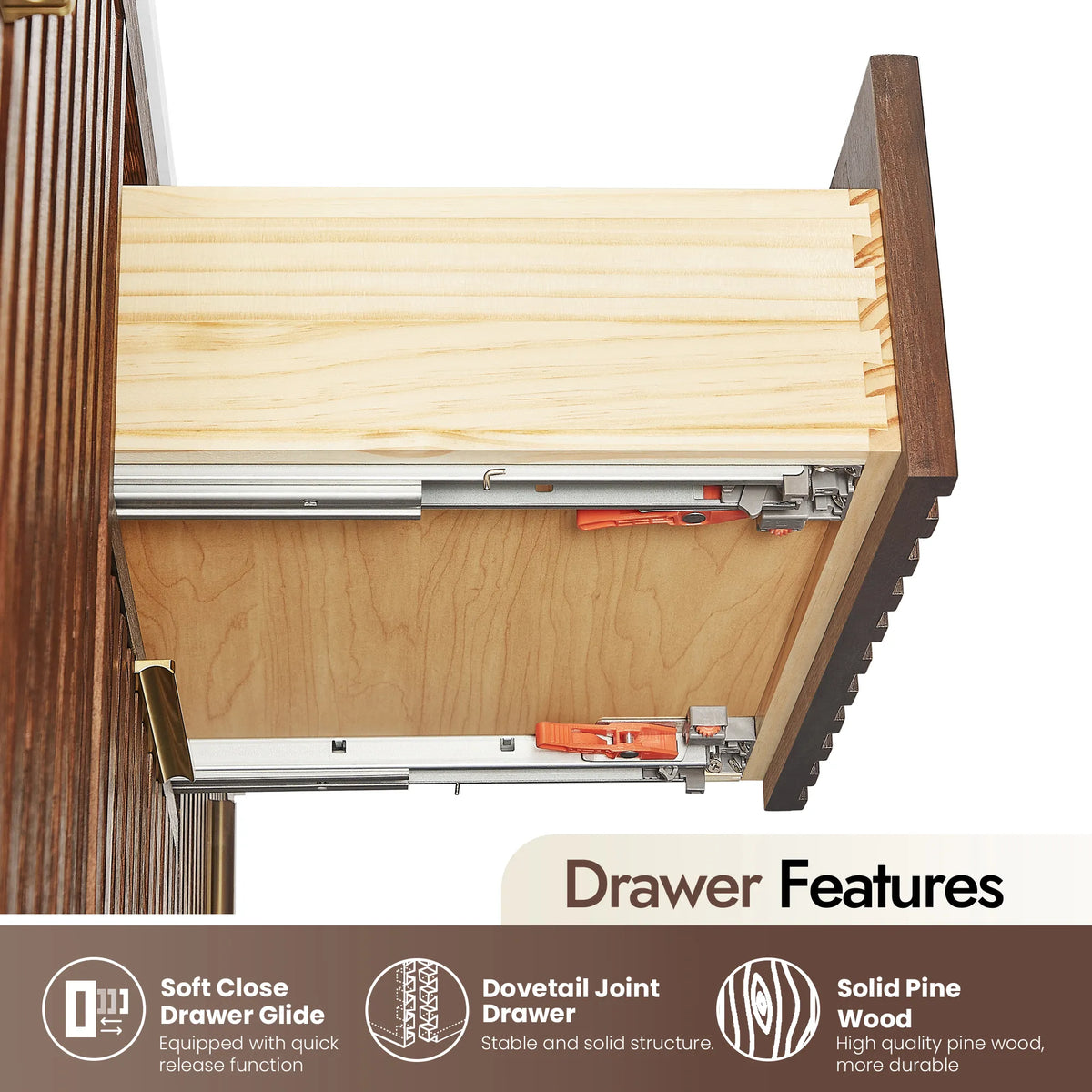 Dovetail corner, glide hardware and pine sides inside a 48-inch Aged Dark Brown Oak vanity drawer
