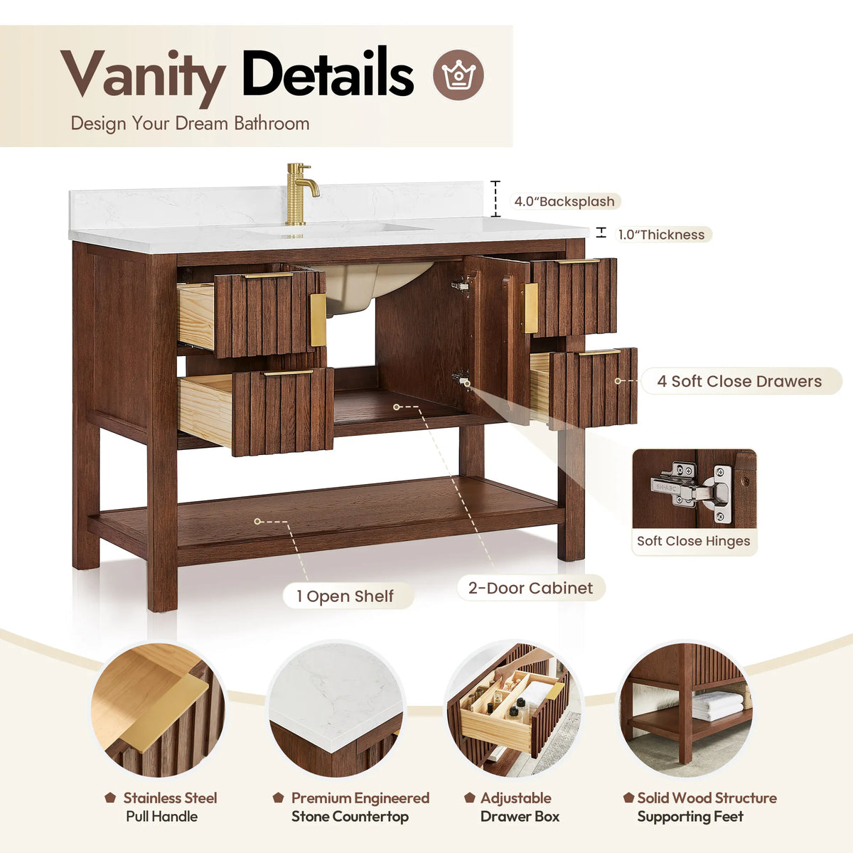 Parts diagram for the 48-inch Aged Dark Brown Oak cabinet covering drawer boxes and the open shelf