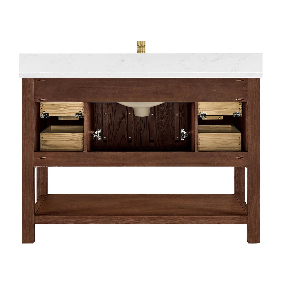 Open-front studio shot: drawer boxes and cabinet space of the 48-inch Aged Dark Brown Oak vanity