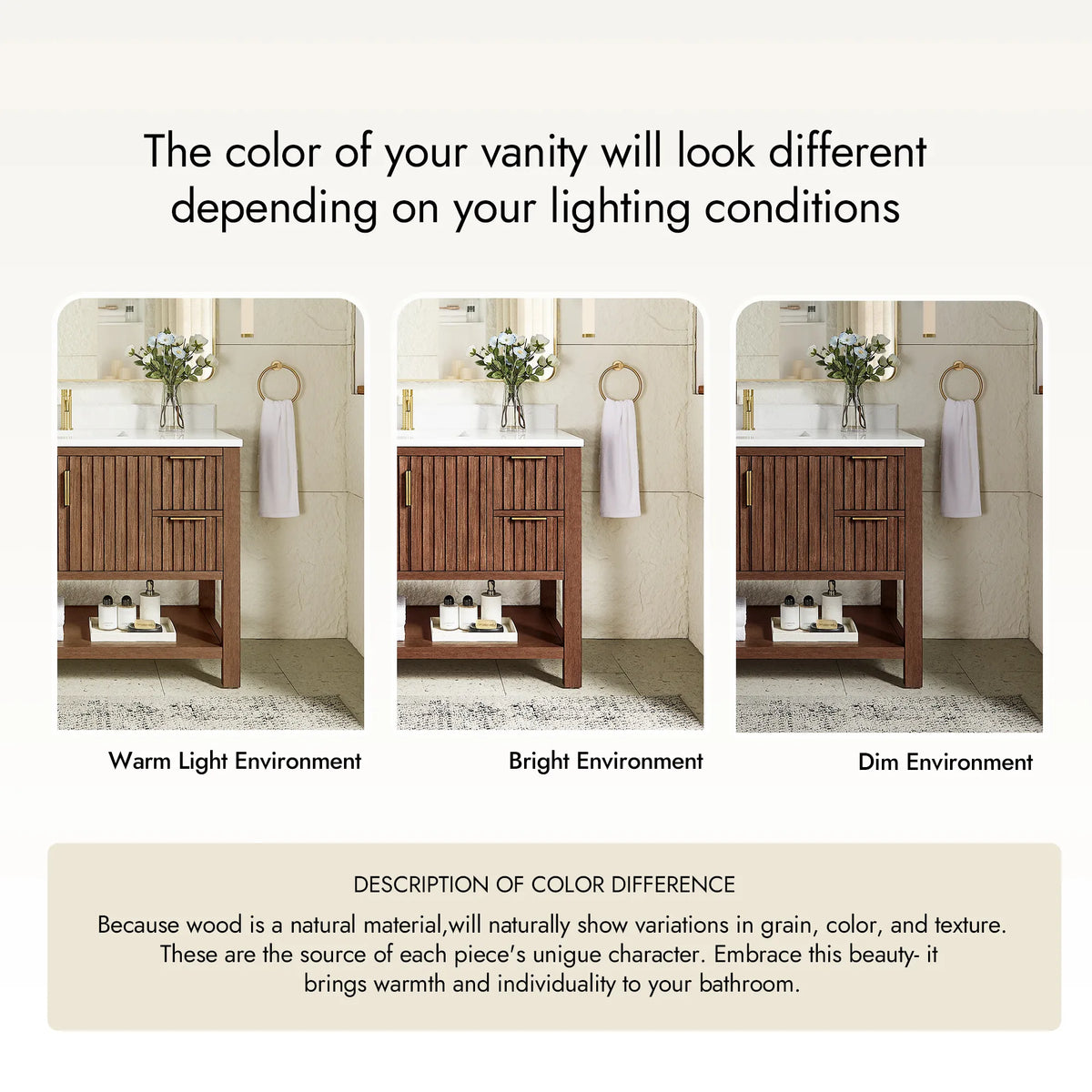 Text panel explaining that Aged Dark Brown Oak wood looks different under different lighting