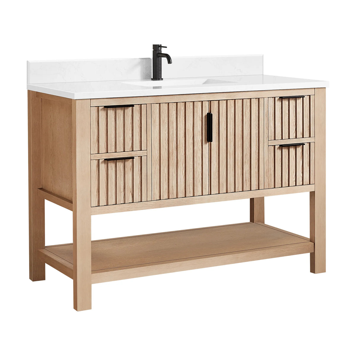 Faucet pictured is not included: 48-inch Aged Natural Oak vanity, a door section flanked by drawers, shelf below