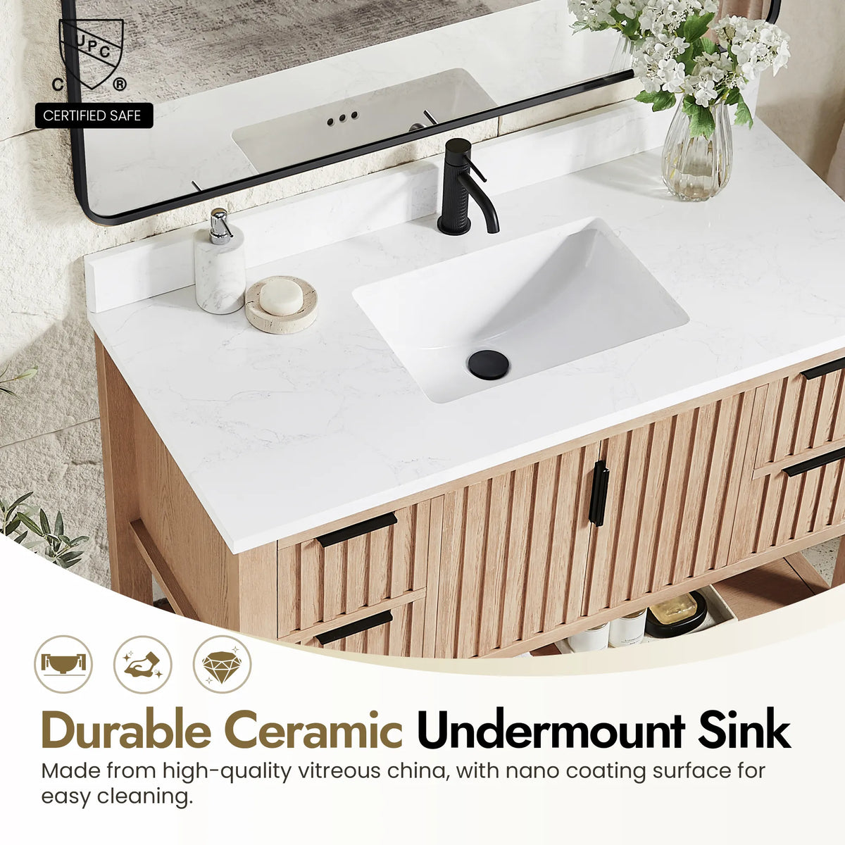 Ceramic basin with an easy-clean nano coating on the 48-inch Aged Natural Oak cabinet