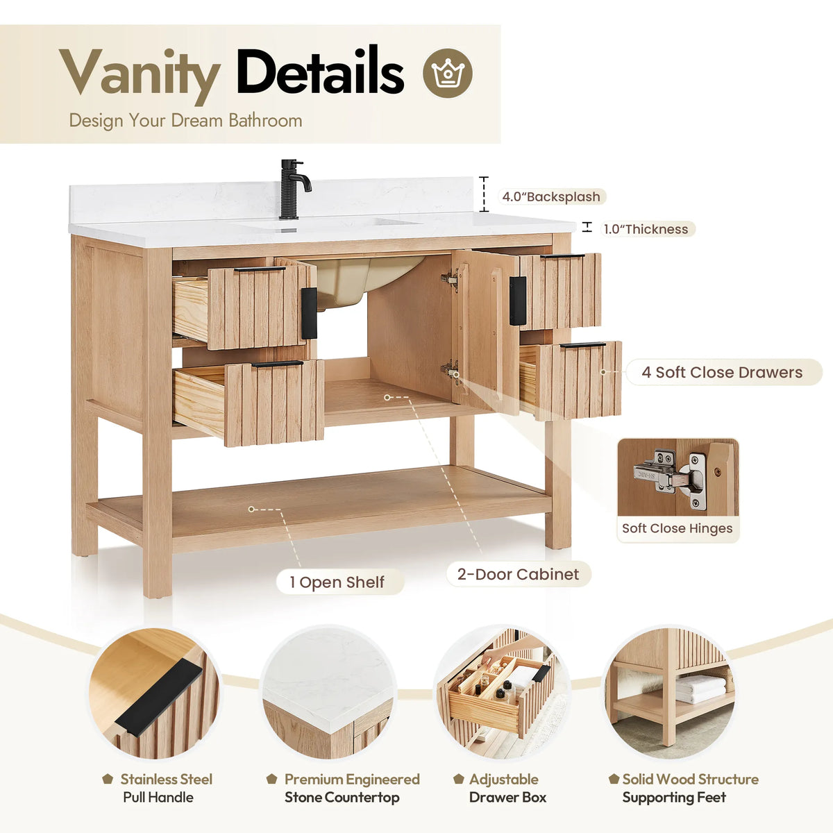 Parts diagram for the 48-inch Aged Natural Oak cabinet covering drawer boxes and the open shelf