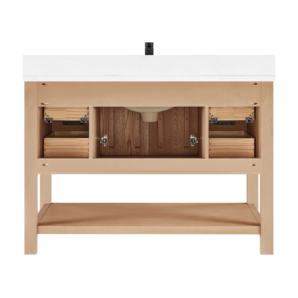 Interior of a 48-inch cabinet in Aged Natural Oak against white, drawer boxes and open compartments