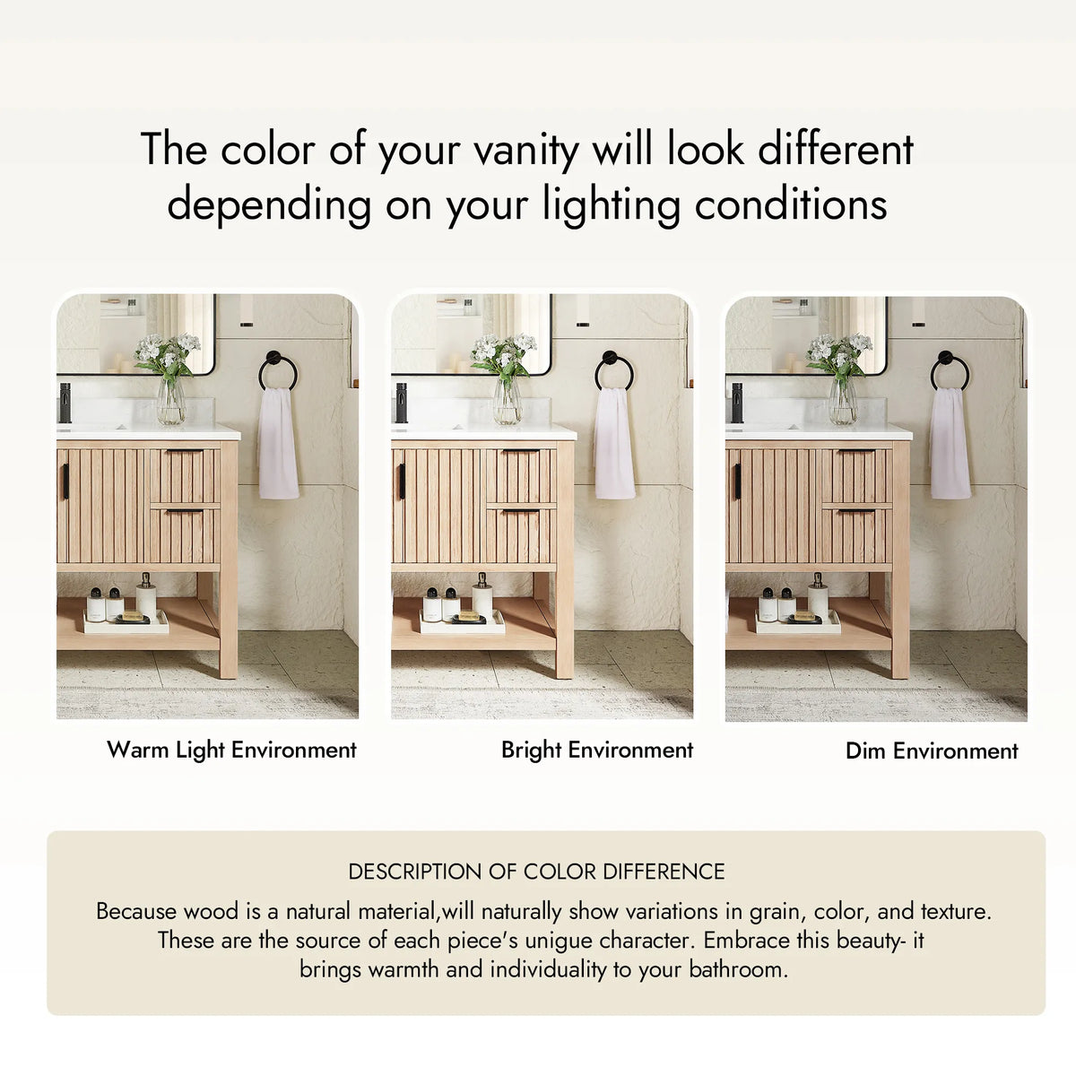 Text panel explaining that Aged Natural Oak wood looks different under different lighting