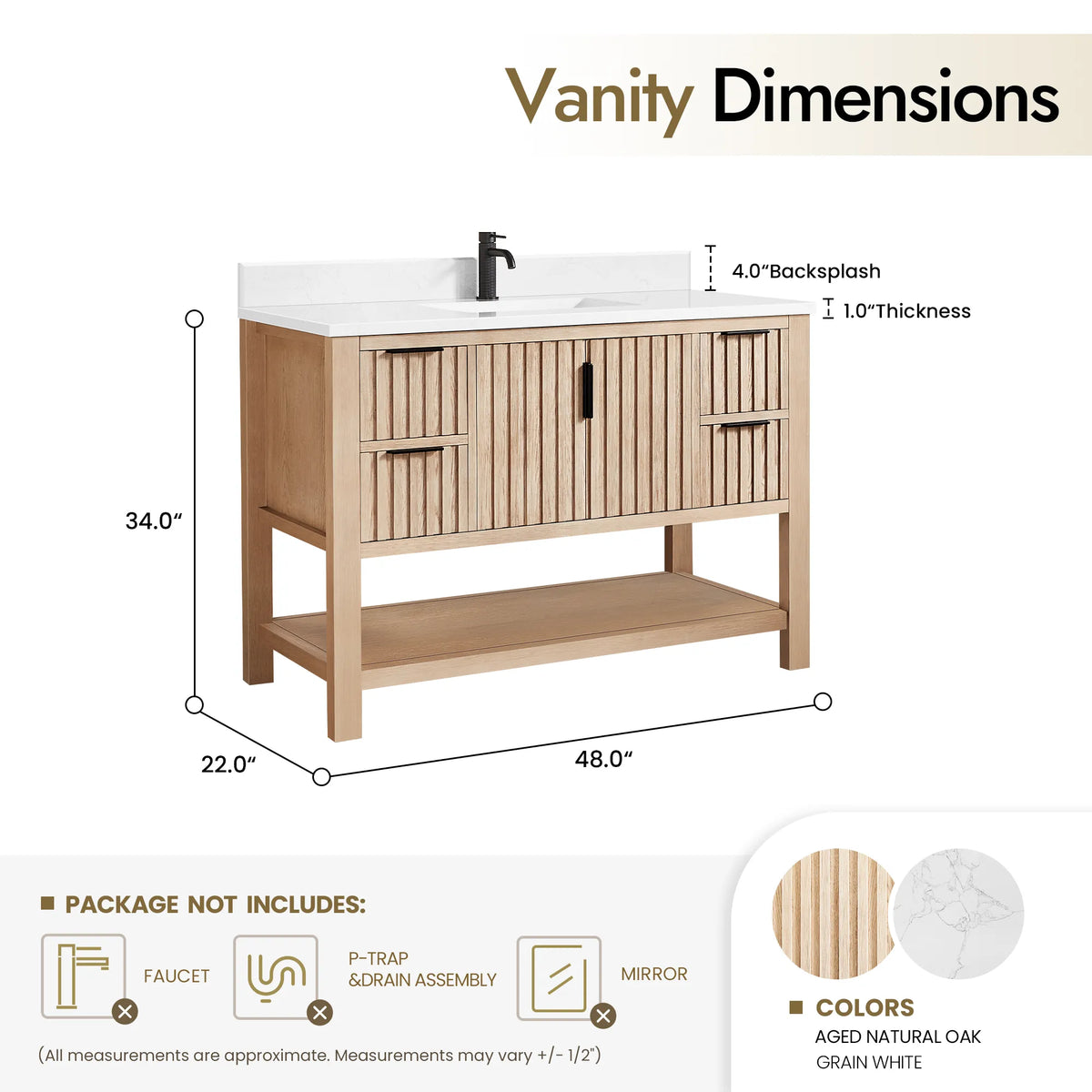 Size diagram for the 48-inch Aged Natural Oak cabinet: 48 by 22 by 34 inches (plumbing parts and mirror not included)