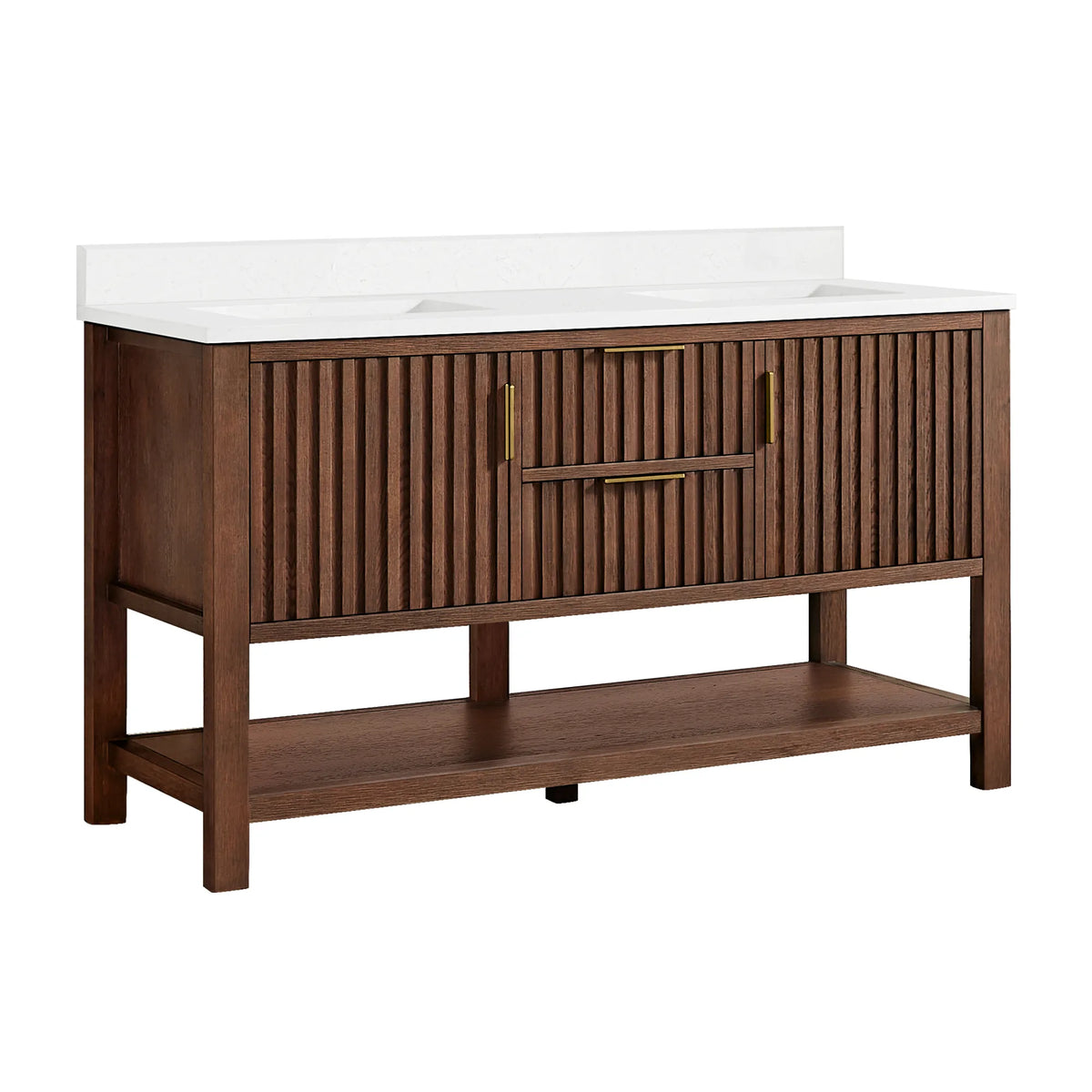 Studio view of an Aged Dark Brown Oak double bathroom vanity, 60-inch wide, with a white composite stone countertop