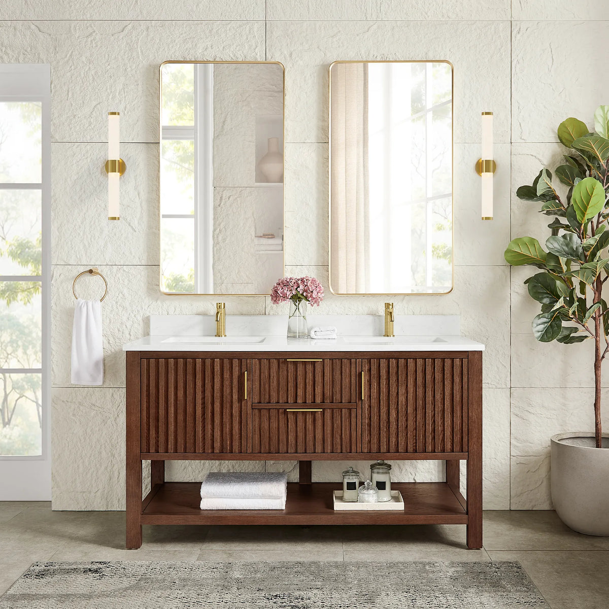 Two rectangular mirrors in gold frames hung over the 60-inch Aged Dark Brown Oak cabinet