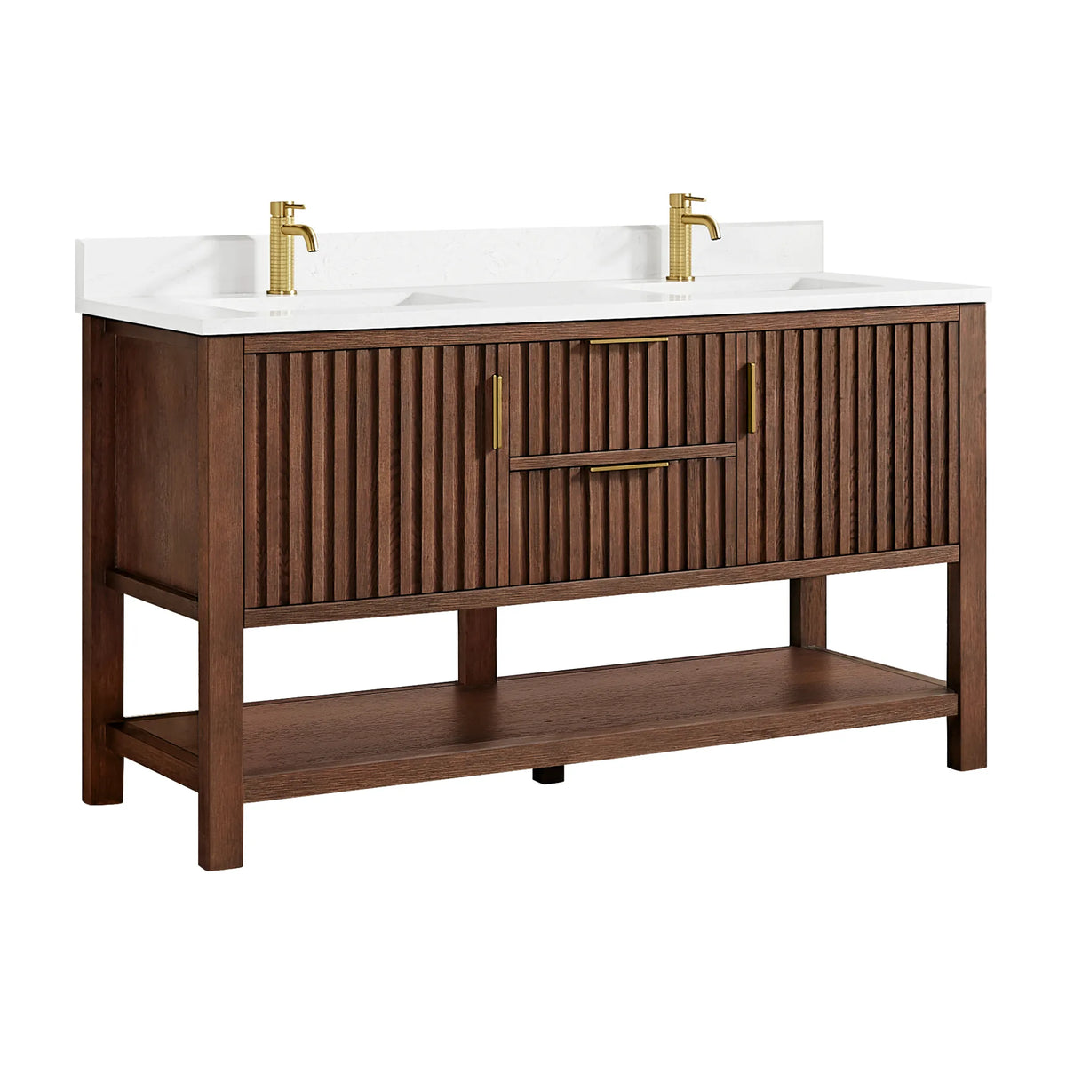 Faucet pictured is not included: 60-inch Aged Dark Brown Oak vanity, a drawer stack between doors, open shelf below