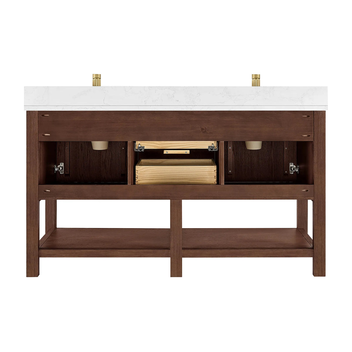 Open-front studio shot: drawer boxes and cabinet space of the 60-inch Aged Dark Brown Oak double vanity