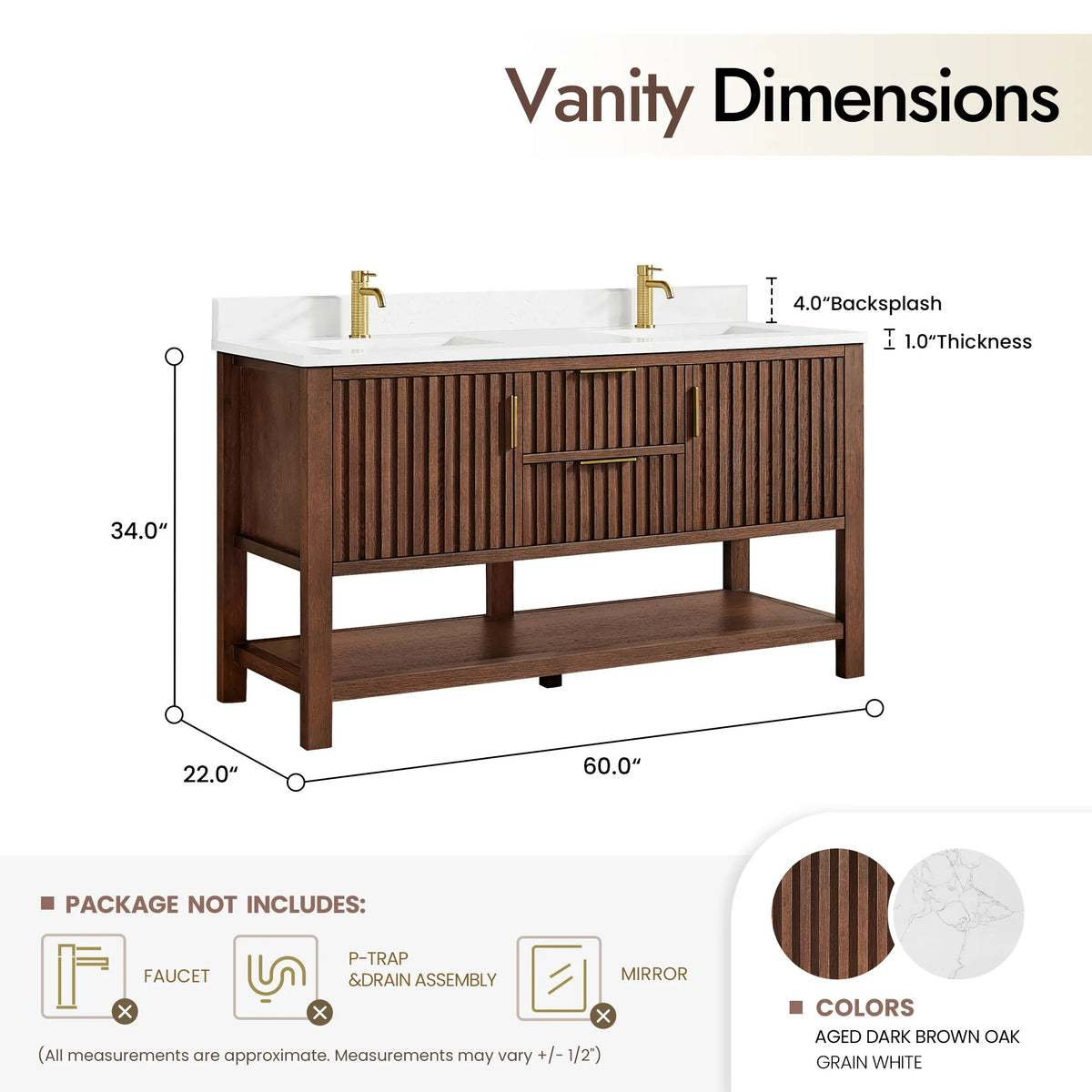 Size diagram for the 60-inch Aged Dark Brown Oak cabinet: 60 by 22 by 34 inches (plumbing parts and mirrors not included)