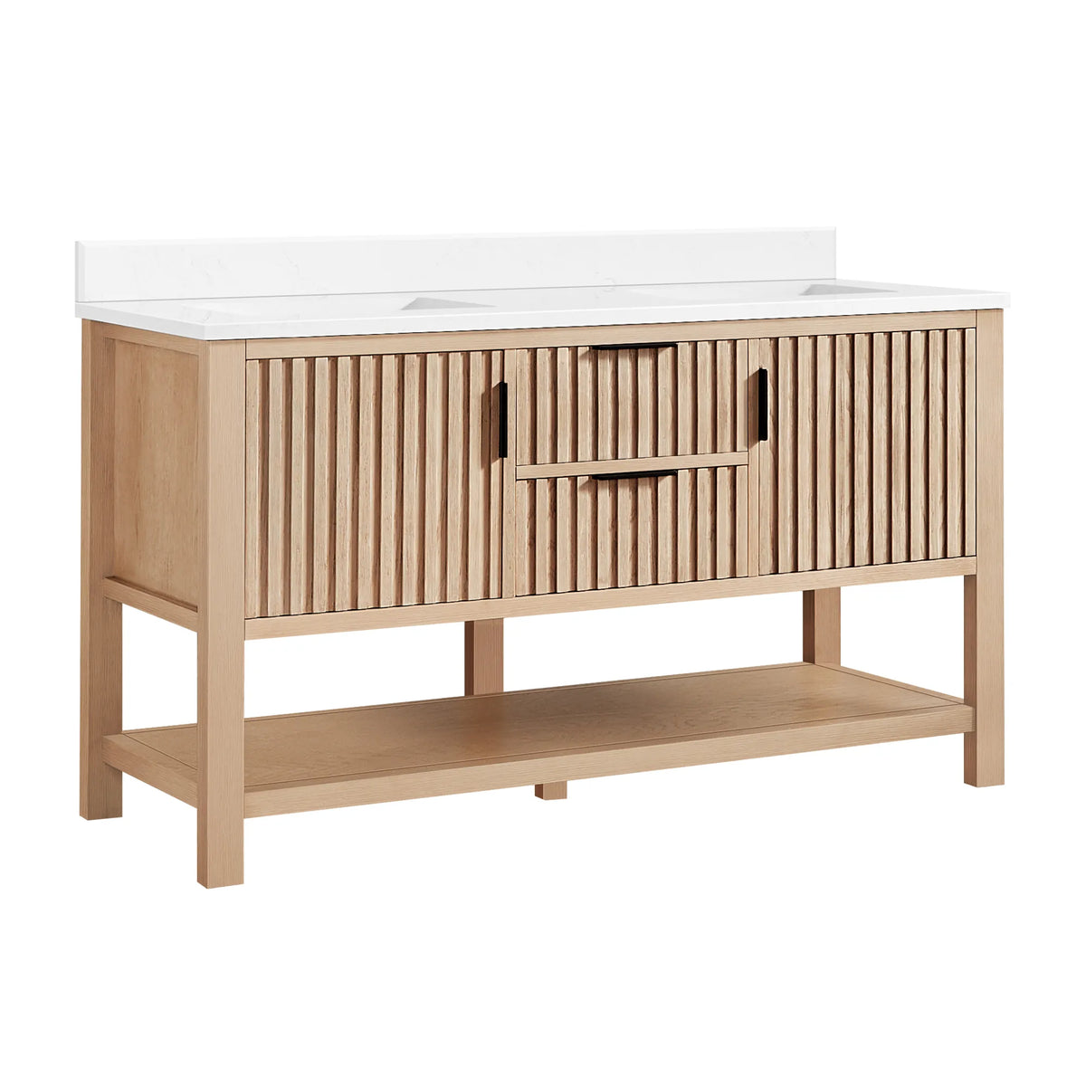 Studio view of an Aged Natural Oak double bathroom vanity, 60-inch wide, with a white composite stone countertop
