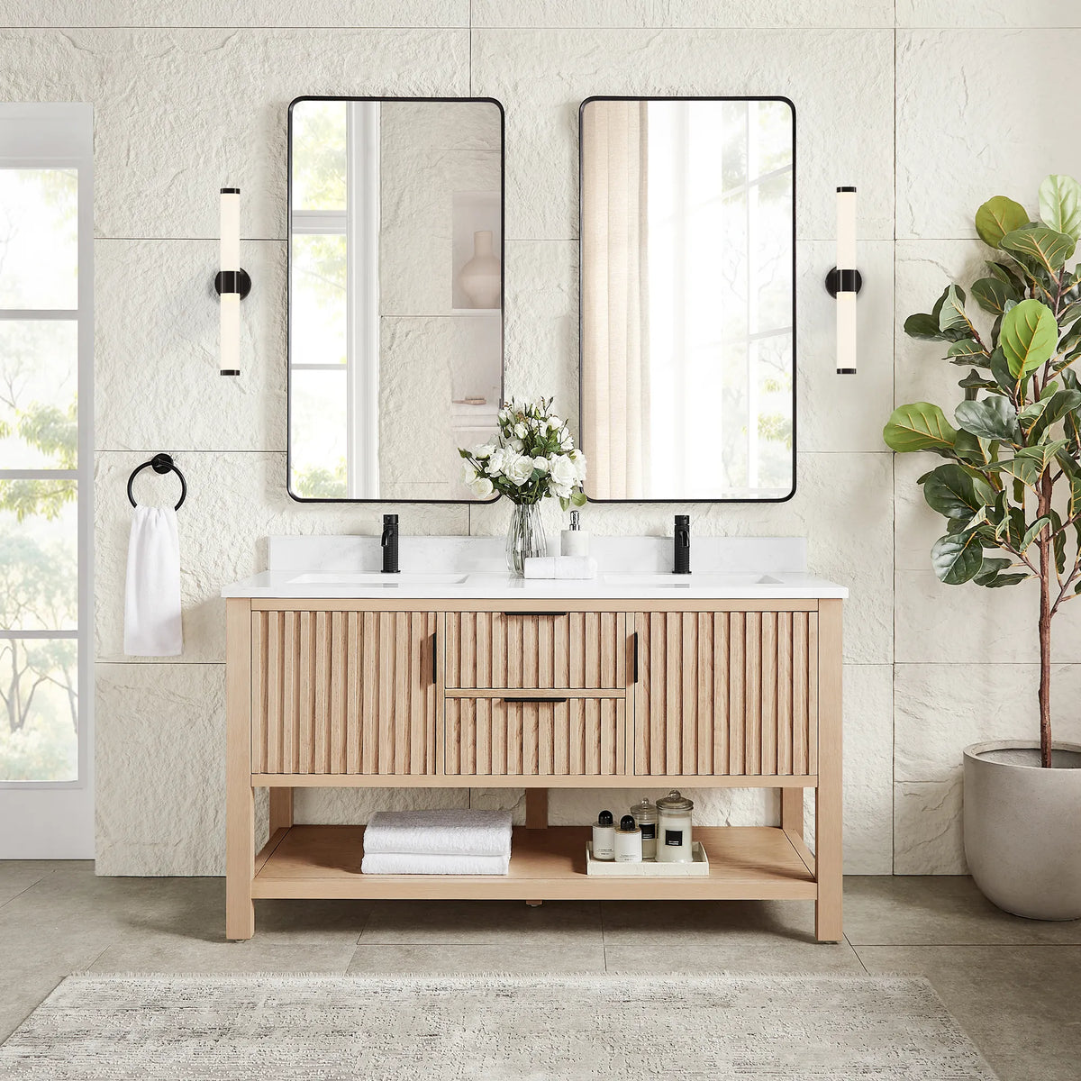 Two rectangular mirrors in black frames hung over the 60-inch Aged Natural Oak cabinet