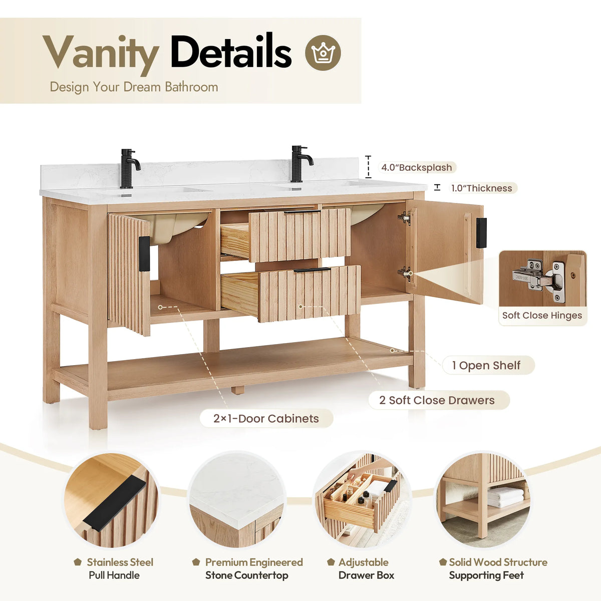Parts diagram for the 60-inch Aged Natural Oak double cabinet covering drawer boxes and the open shelf