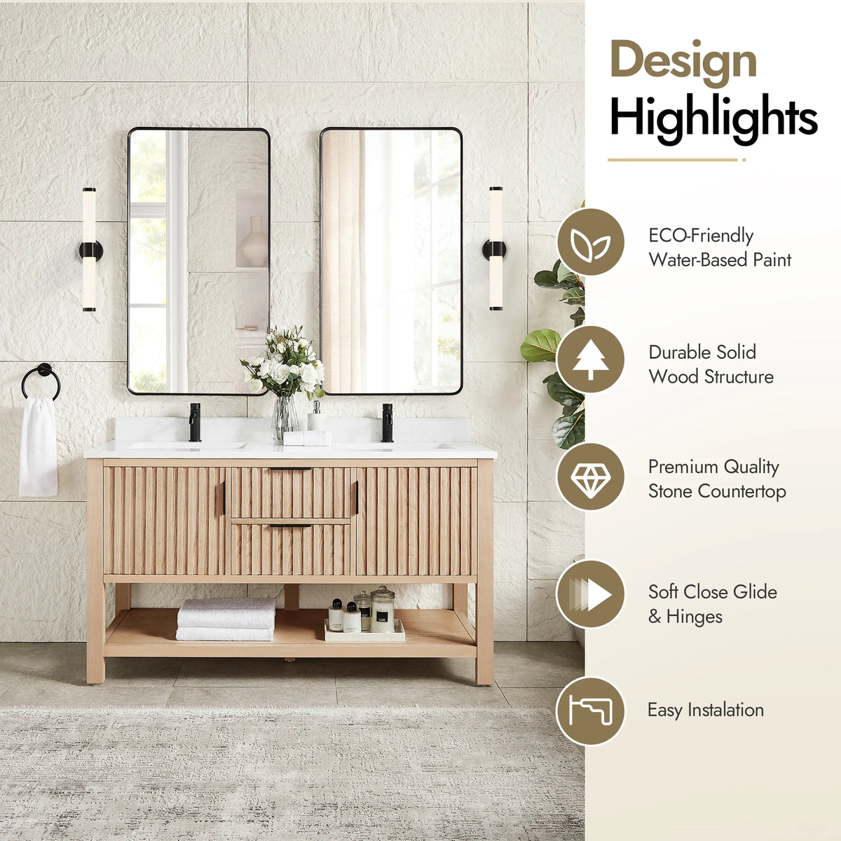 Styled bathroom with a list of design highlights next to the 60-inch Aged Natural Oak cabinet