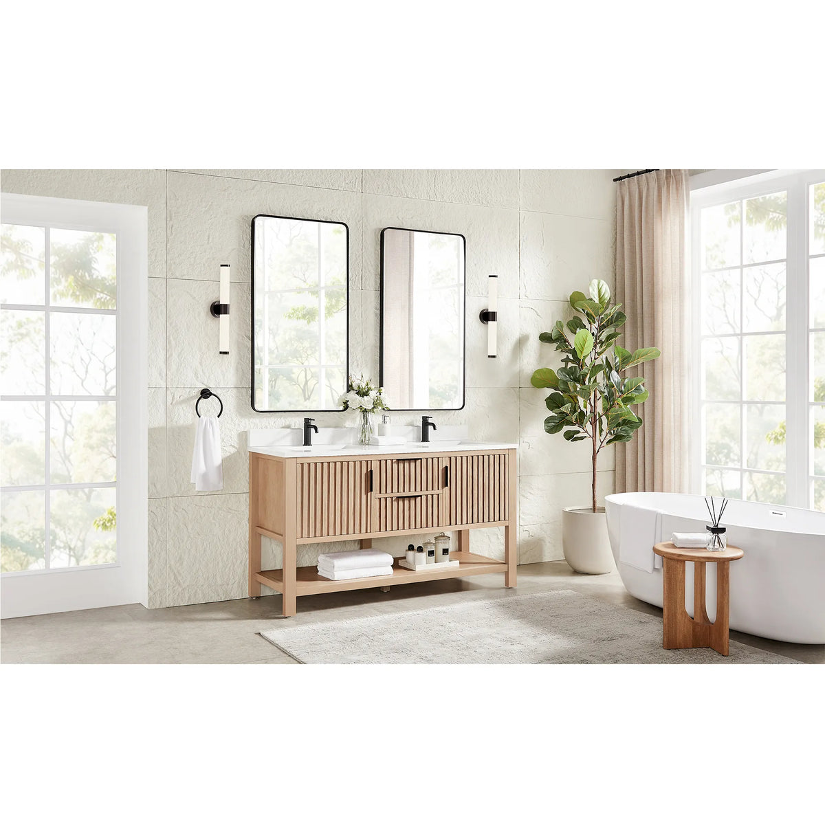 Bathroom with a soaking tub and large windows around the 60-inch Aged Natural Oak vanity with an open lower shelf