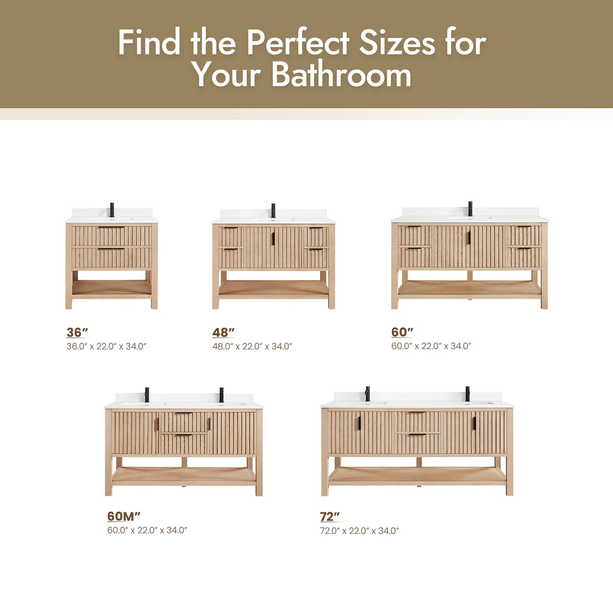 Size guide with the line's vanities in two rows, each labeled with its width, including this 60-inch size