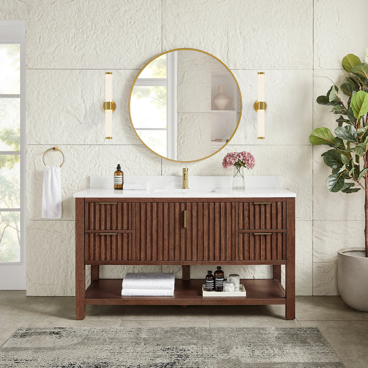 Staged room pairing a matching circular gold mirror with the 60-inch vanity in Aged Dark Brown Oak