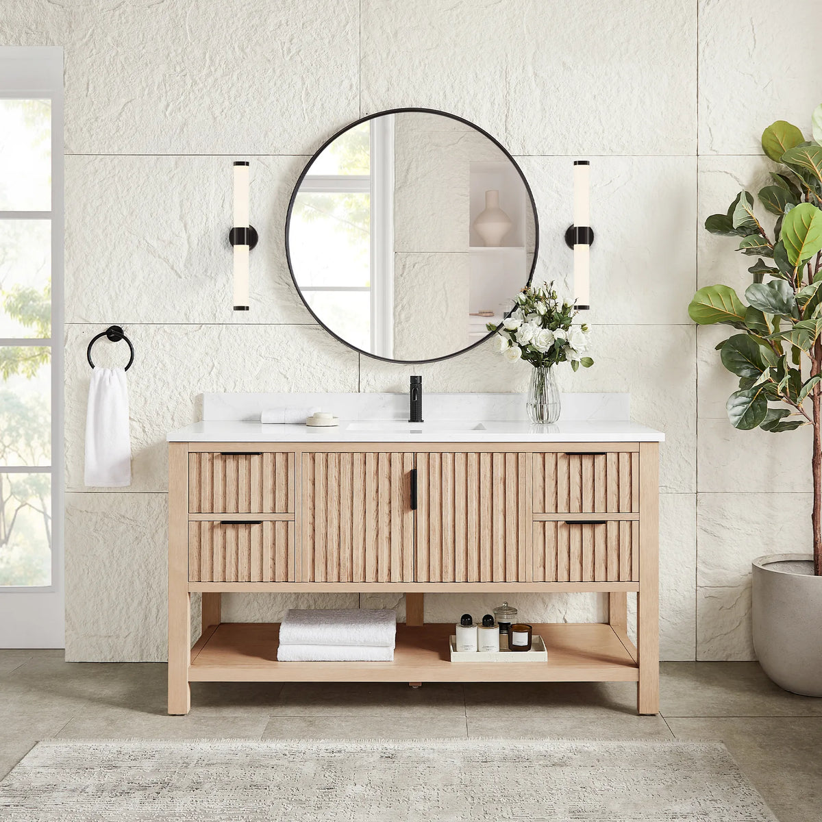 Staged room pairing a matching circular black mirror with the 60-inch vanity in Aged Natural Oak